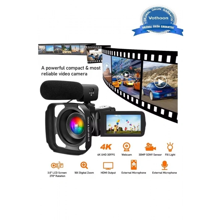 HEYF 4k Vlog Dijital Video Kamera Wifi 48mp 16x Kaydedici Fotoğrafçılık 3.0’’ıps Dokunmatik Ekran Mikrofon Çift Batarya