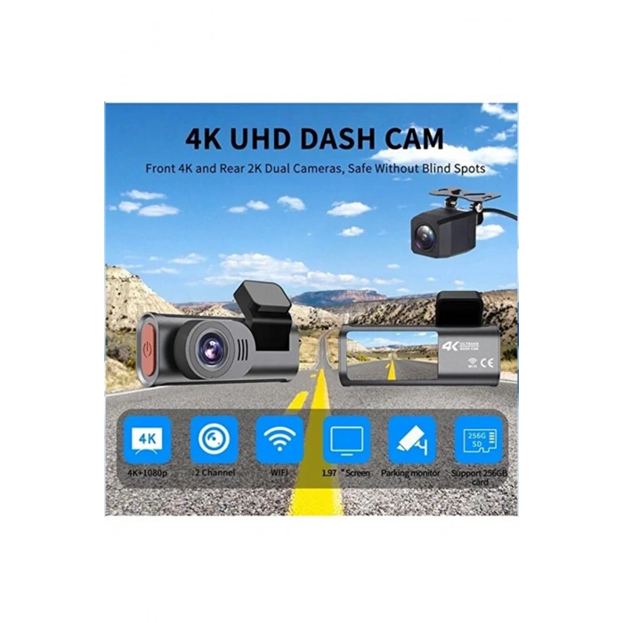 HEYF 4k Wifi Çift Kameralı Araç Kamerası Gece Görüşlü G-sensörlü Dash Cam 170 Derece