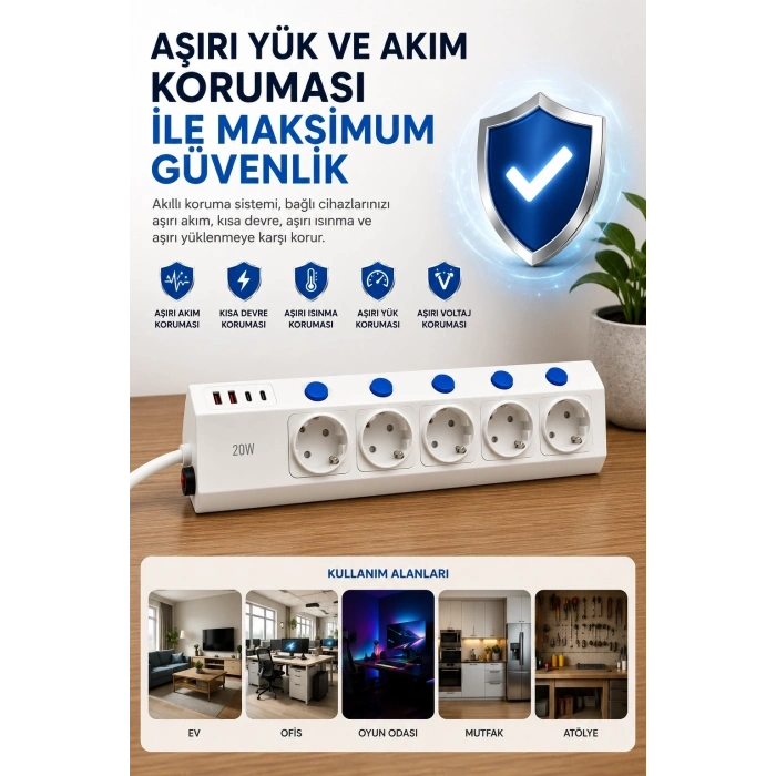 HEYF 5’li Akım Korumalı Çoklu Priz 2 Metre Kablolu 3680w 16a 5 Anahtarlı 2usb-a 2 Usb-c Pd 20w Hızlı Ftr-28