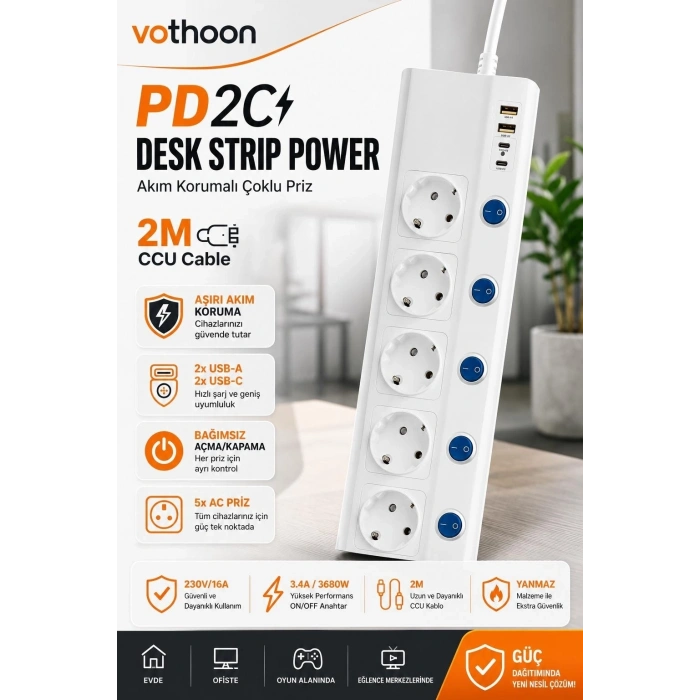 HEYF 5’li Akım Korumalı Çoklu Priz 2 Metre Kablolu 3680w 16a 5 Anahtarlı 2usb-a 2 Usb-c Pd 20w Hızlı Ftr-28