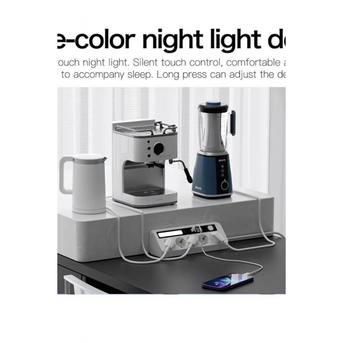 HEYF 5’li Akım Korumalı Priz 2500w | 2 Usb + 2 Type-c Hızlı Şarj | Led Gece Lambalı | Dokunmatik Beyaz