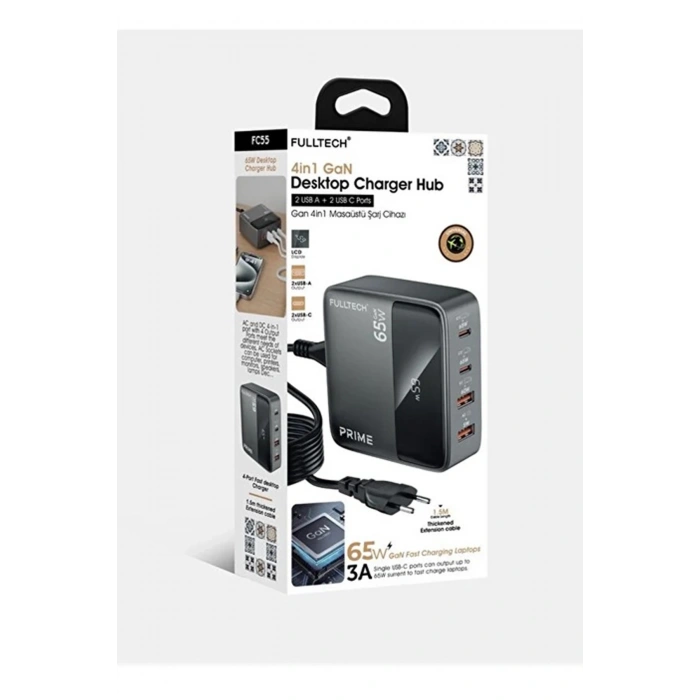 HEYF 65w Masaüstü 4 Portlu Hızlı Şarj Cihazı İstasyonu 2xusb-a, 2xtype-c Giriş,1,5 Mt. Kablo