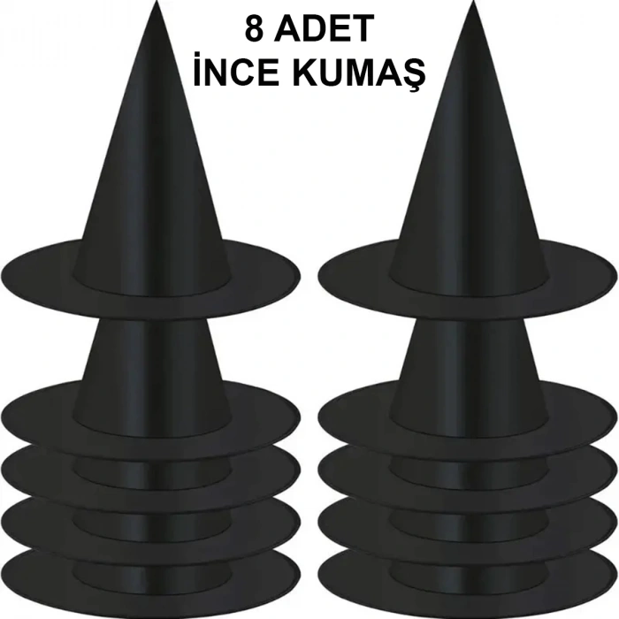 HEYF 8 Adet Siyah Cadı Şapkası – Yetişkin  Çocuk Kostüm Aksesuarı