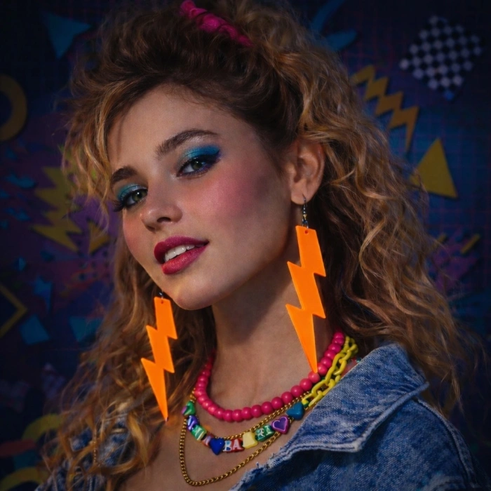 HEYF 80’ler 9039lar Retro Neon Turuncu Şimşek Küpe 10 Cm
