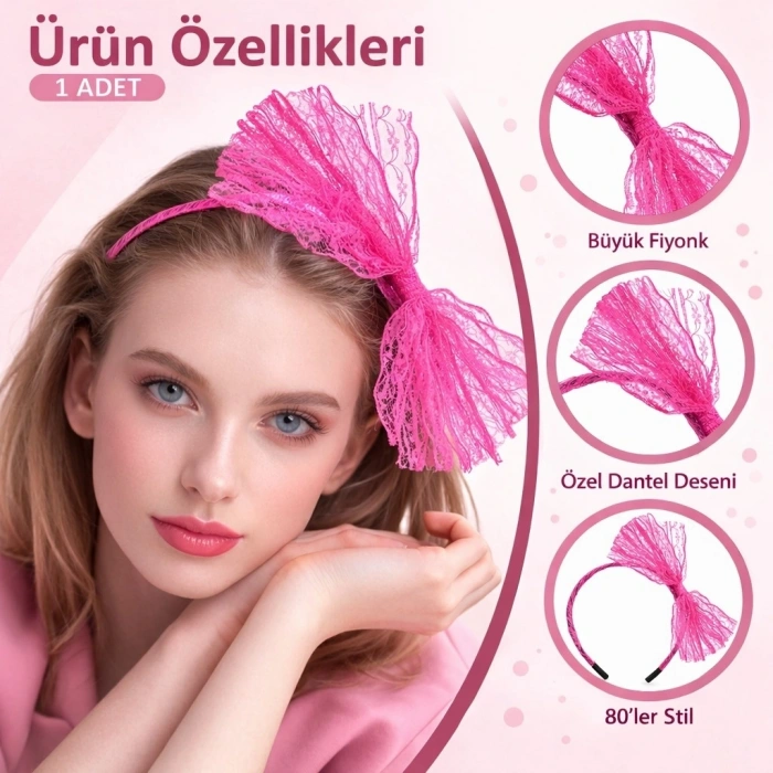 HEYF 80’ler 90’lar Neon Pembe Dantel Taç Fiyonklu