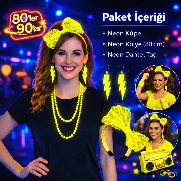 HEYF 80’ler 90’lar Neon Sarı Parti Seti – Kolye Küpe Taç