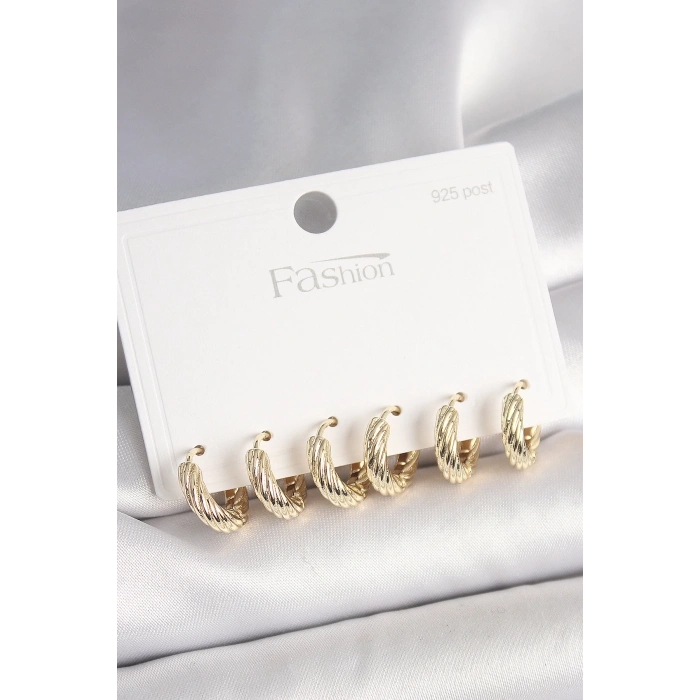 HEYF 925 Ayar Gümüş Çivi Pirinç Gold Renk İşlemeli Halka Model Kadın Küpe Seti