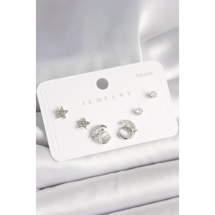 HEYF 925 Ayar Gümüş Çivi Zirkon Taşlı Hilal Yıldız Model Kadın Küpe Seti