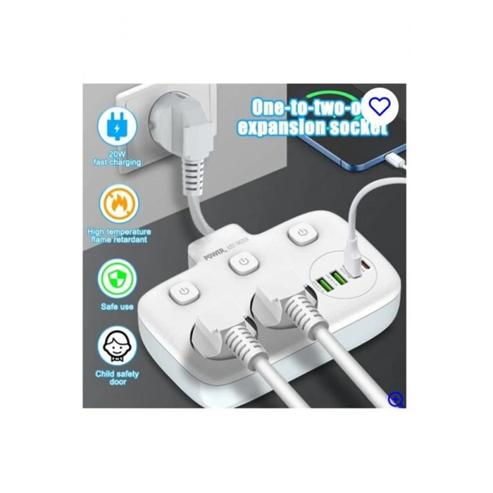 HEYF Akım Korumalı 2’li Ayrı Anahtarlı Priz, 2x Priz, 3x Usb, 1x Type-c, 2 Mt Kablo, Hızlı Şarj