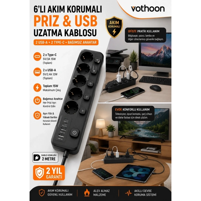 HEYF Akım Korumalı 5’li Priz 2xusb 2xtype-c Çıkış Akım Koruma Çoklu Priz Çoğaltıcı Anahtarlı Ftr-31 Siyah