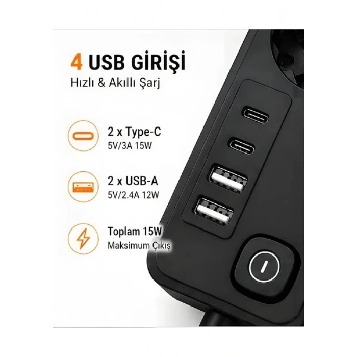 HEYF Akım Korumalı 5’li Priz 2xusb 2xtype-c Çıkış Akım Koruma Çoklu Priz Çoğaltıcı Anahtarlı Ftr-31 Siyah