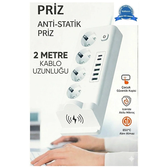 HEYF Akım Korumalı Priz Ve Masaüstü Şarj İstasyonu Kablosuz 4 Priz ,4 Usb, 2 Type-c Girişli 2 Metre