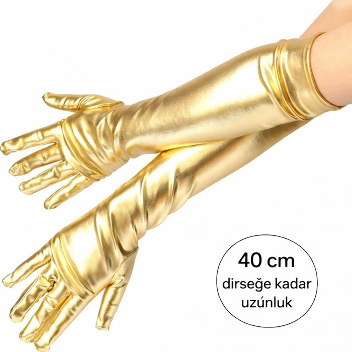 HEYF Altın Renk Dirsek Altı Lüks Saten Eldiven 40 Cm