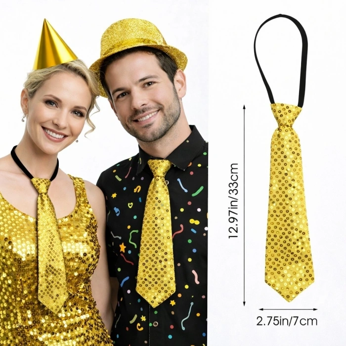 HEYF Altın Renk Pul Payetli Işıltılı Parti Kravatı 33 Cm