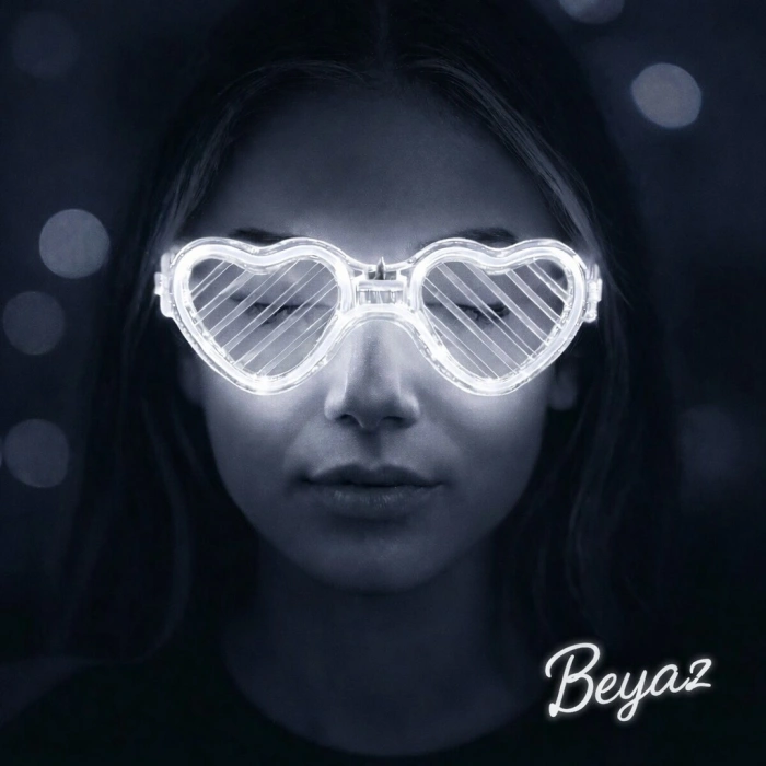 HEYF Beyaz Led Işıklı Kalp Gözlük – 3 Modlu Parti  Glow Gözlüğü
