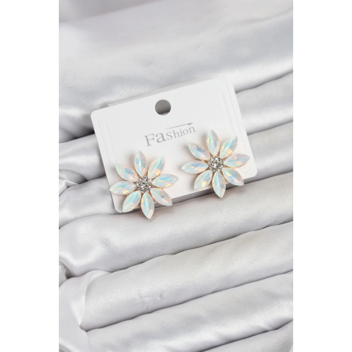 HEYF Beyaz Renk Kristal Taşlı Lotus Çiçek Model Kadın Küpe