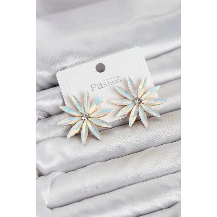 HEYF Beyaz Renk Kristal Taşlı Lotus Model Kadın Küpe