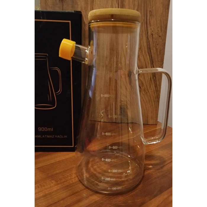 heyf Borosilikat Damlatmaz Bambu Kapaklı Cam Yağlık 900ml
