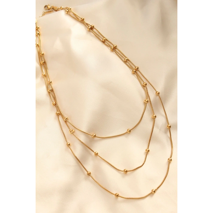 HEYF Çelik Altın Renkli Topçuk Tasarımlı Çoklu Kolye