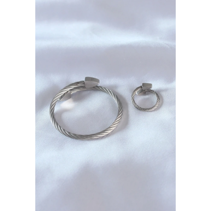 HEYF Çelik Gümüş Renk Burgu Model Erkek Bileklik Yüzük Seti