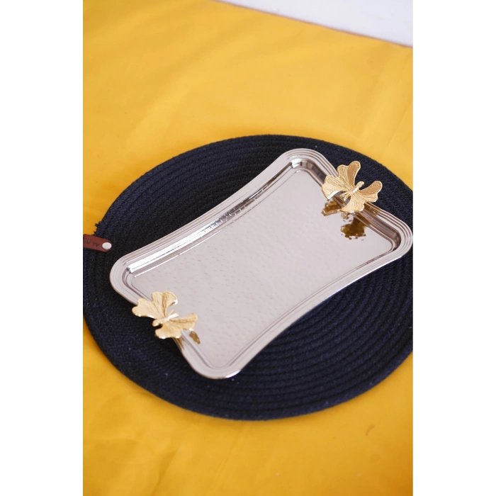 heyf Cooker Dikdörtgen Dövme Desenli Kelebekli Kulplu Metal Tepsi 25x17 cm