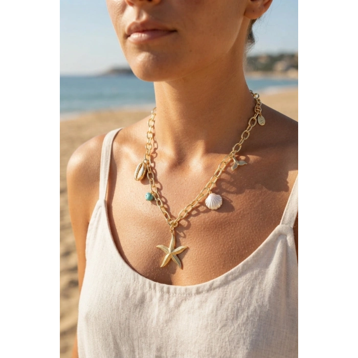 HEYF Deniz Yıldızı Charm Detaylı Gold Renk Zincir Kolye