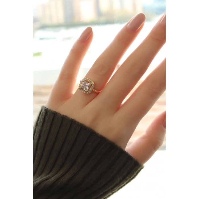 HEYF Gold Baget ve Zirkon Taşlı Kare Yüzük