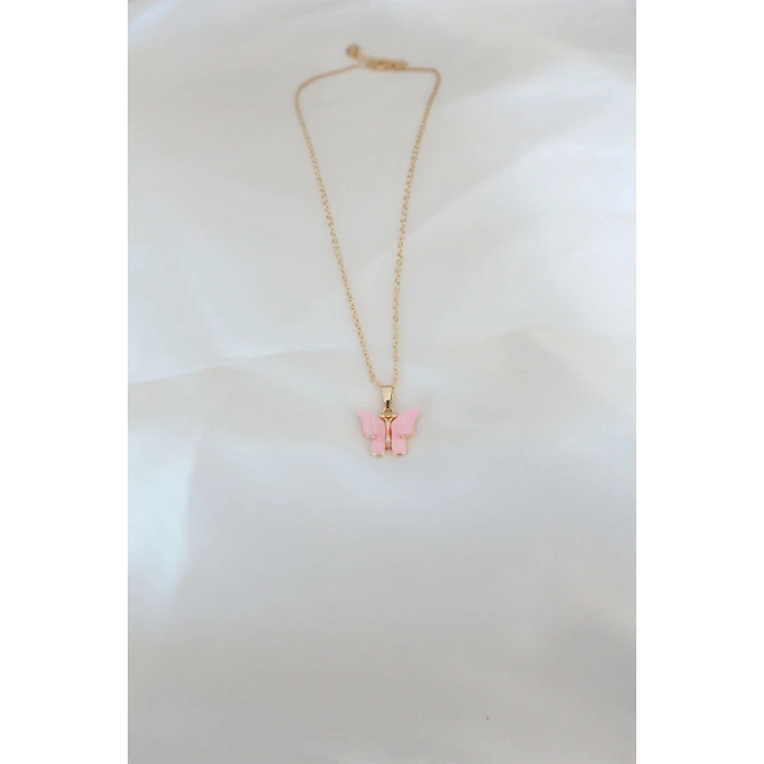 HEYF Gold Kaplama Pembe Sedefli Kelebek Kolye