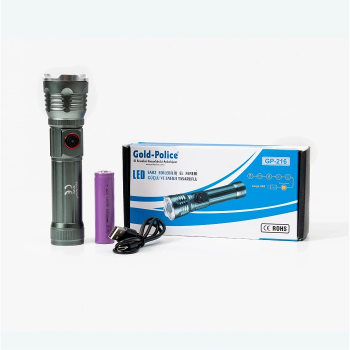 HEYF Gold Police Gp-216 Şarjlı El Feneri Güçlü Tg Led 2000 Lümen