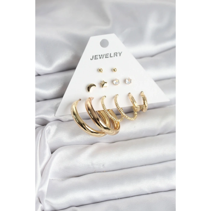 HEYF Gold Renk 6 Çiftli Pirinç Kadın Küpe Seti