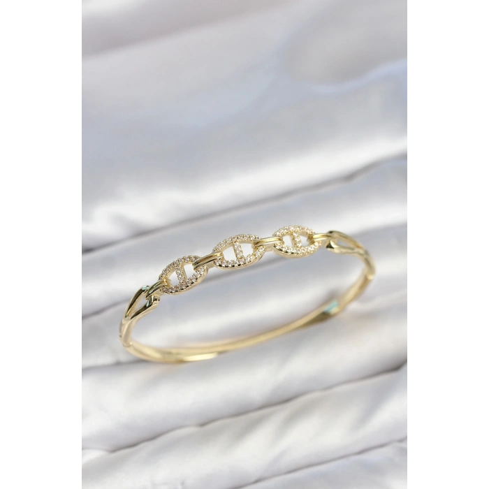 HEYF Gold Renk Gemi Zinciri Model Zirkon Taşlı Kadın Kelepçe Bileklik