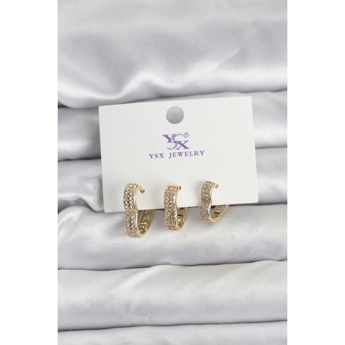 HEYF Gold Renk Pirinç Zirkon Taşlı Kalpli Kadın Küpe