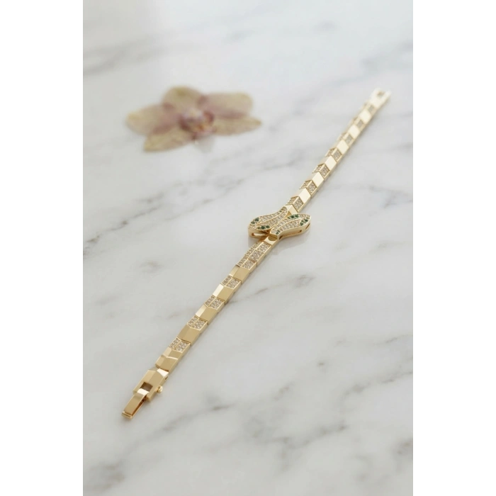 HEYF Gold Renk Pirinç Zirkon Taşlı Yılan Model Kadın Bileklik