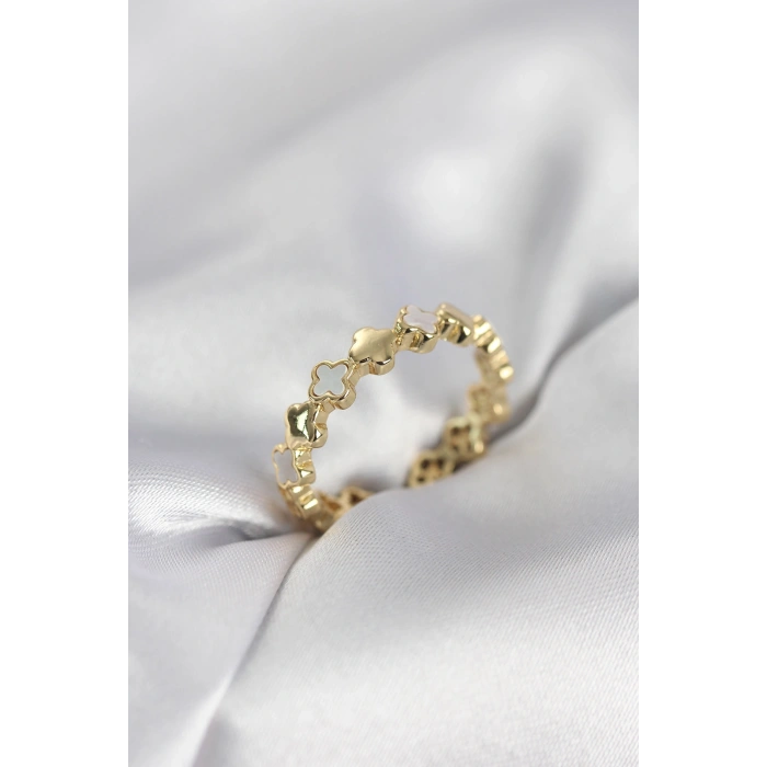 HEYF Gold Renk Sedefli Yonca Model Kadın Yüzük