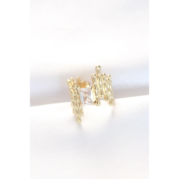 HEYF Gold Renk Tırtıklı Kalın Baget Taş Tasarım Ayarlanabilir Yüzük