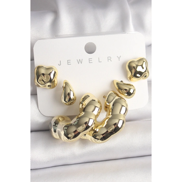 HEYF Gold Renk Yonca Damla Halka Model CCB Plastik Kadın Küpe Seti