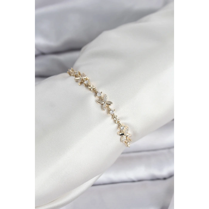 HEYF Gold Renk Yonca Model Zirkon Taşlı Asansörlü Kadın Bileklik