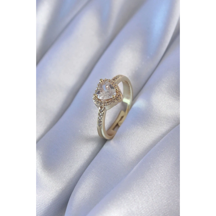 HEYF Gold Renk Zirkon Taşlı Kalp Model Pirinç Charm Kadın Yüzük