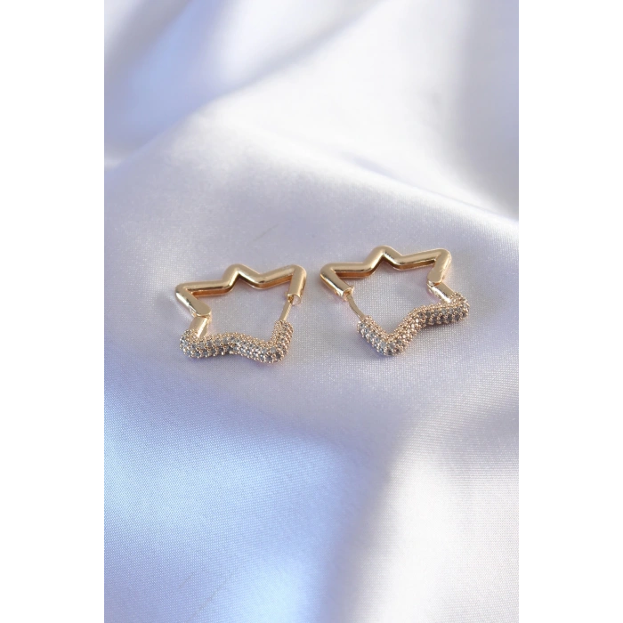 HEYF Gold Renk Zirkon Taşlı Yıldız Model Kadın Küpe