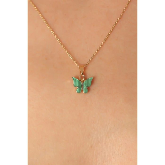HEYF Gold Yeşil Renk Kelebek Figür Kadın Kolye