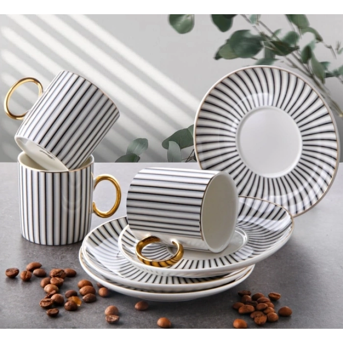 heyf Porselen Çizgi Desen 6 Kişilik Kahve Takımı