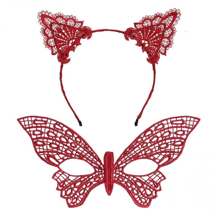 HEYF Gösterişli Kırmızı Dantel Maske Ve Taç Seti 7 No – Masquerade Ve Davetler İçin