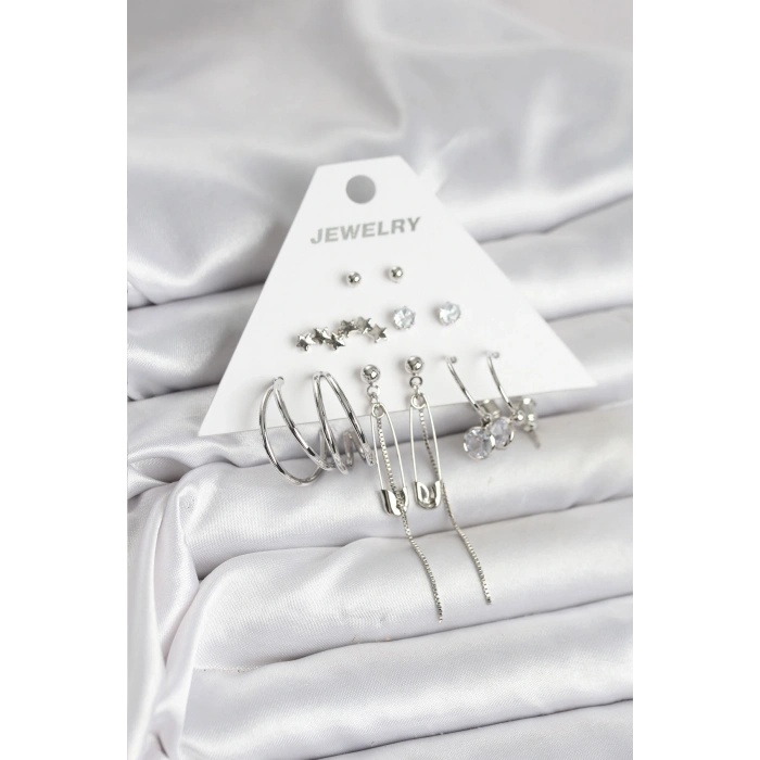 HEYF Gümüş Renk 6lı Pirinç Küpe Seti