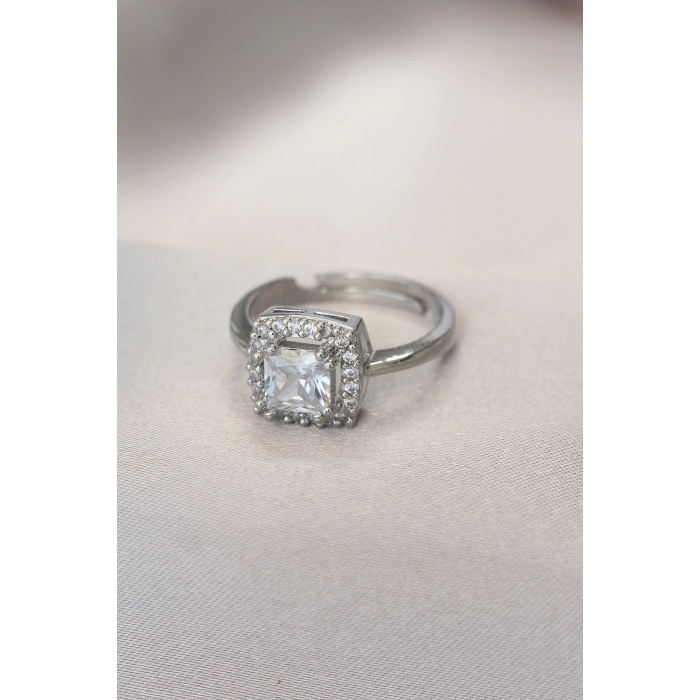 HEYF Gümüş Renk Baget ve Zirkon Taşlı Kare Yüzük