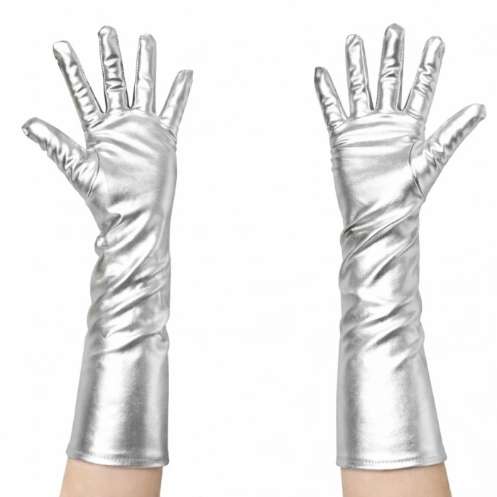 HEYF Gümüş Renk Dirsek Altı Lüks Saten Eldiven 40 Cm