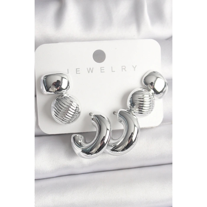 HEYF Gümüş Renk İşlemeli Daire Halka Model CCB Platik Kadın Küpe Seti