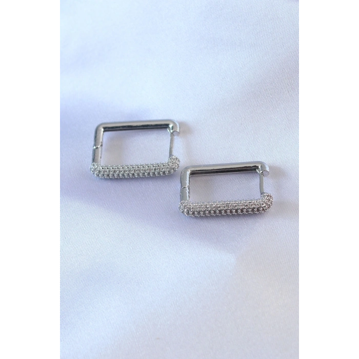 HEYF Gümüş Renk Kare Model Zirkon Taşlı Pirinç Kadın Küpe