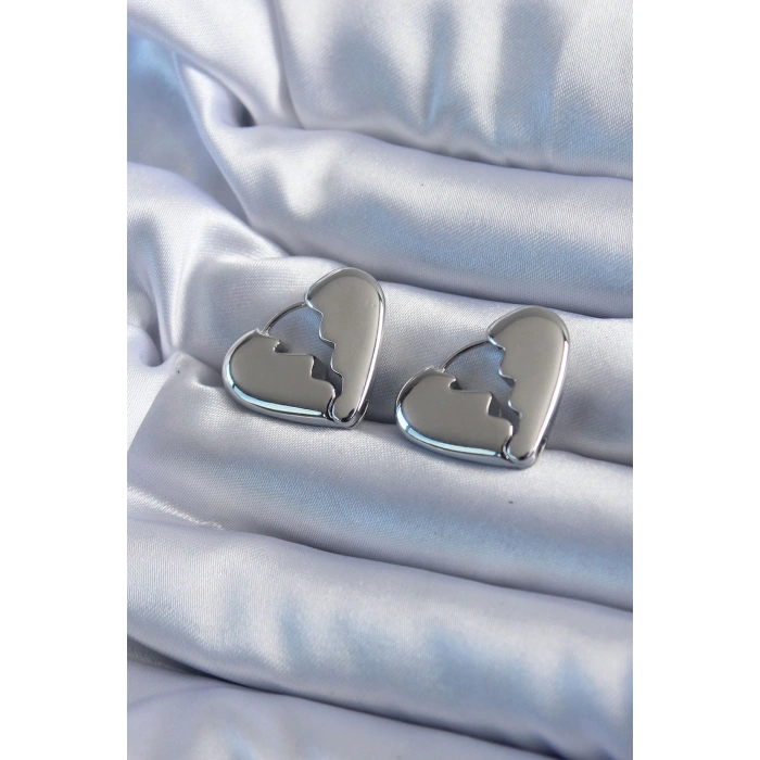 HEYF Gümüş Renk Kırık Kalp Model Pirinç Kadın Küpe