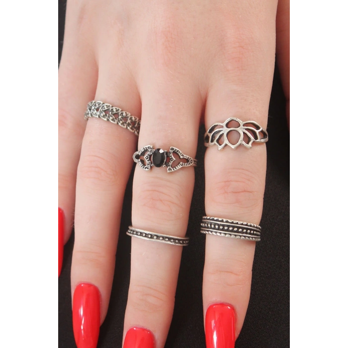 HEYF Gümüş Renk Lotus Model Siyah Kristal Taş Detay Bayan Yüzük Kombin