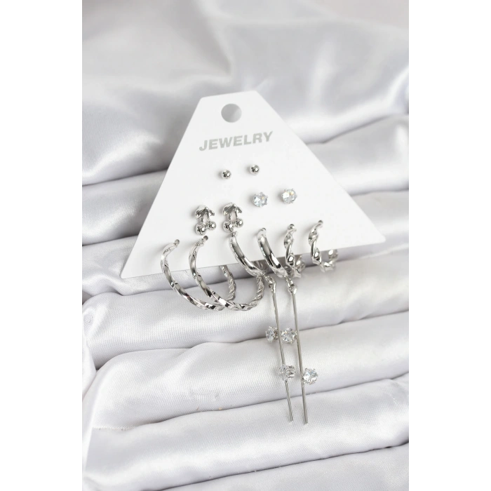 HEYF Gümüş Renk Pirinç 6lı Kadın Küpe Seti